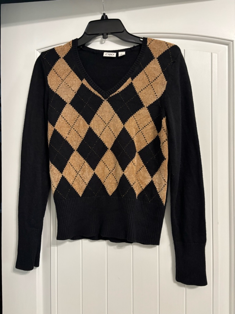 380) Cato Black V-Neck Sweater with Tan Argyle